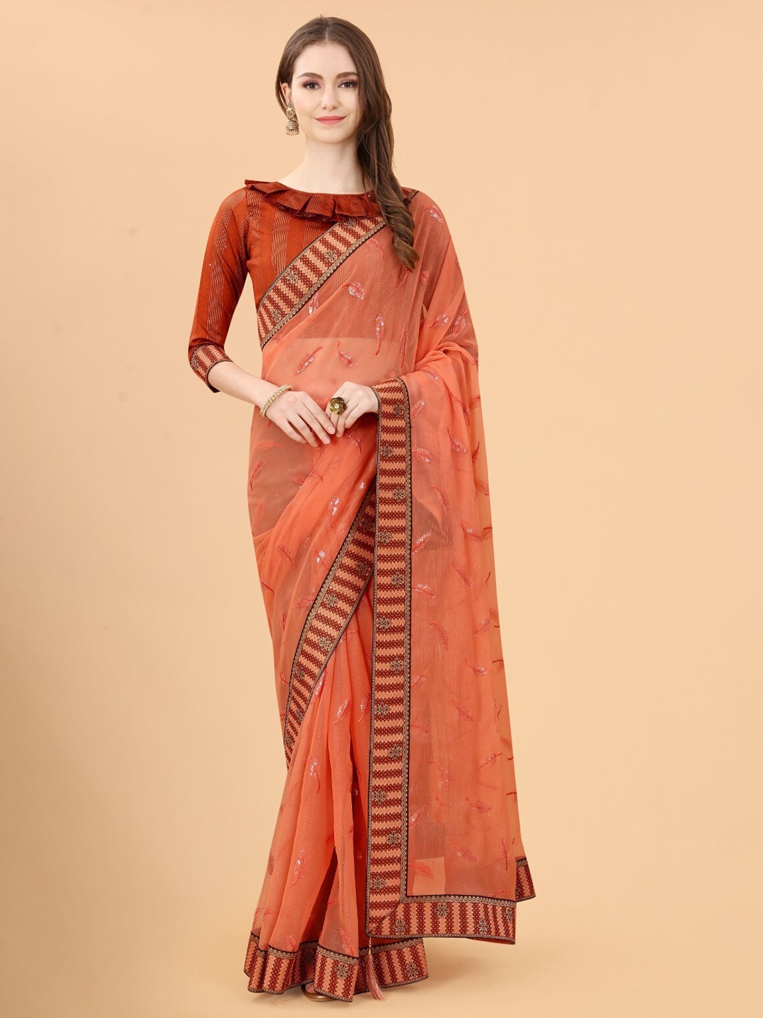 

ZEEPKART Embroidered Woven Design Ethnic Motifs Saree, Peach