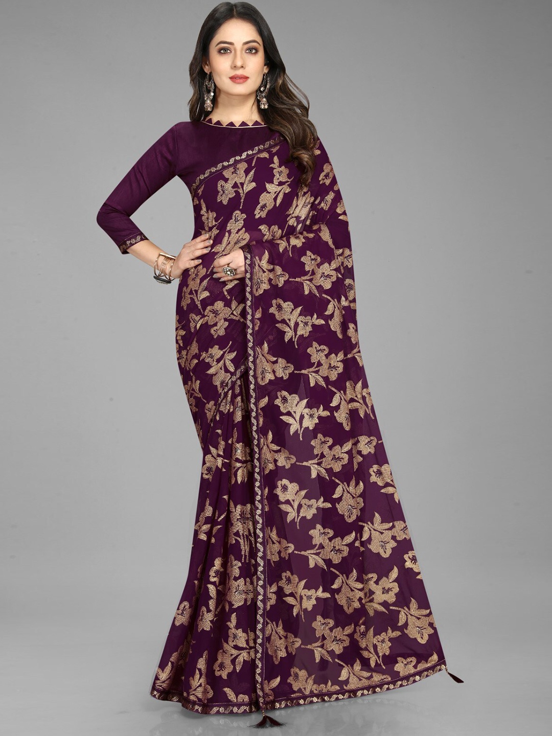 

ZEEPKART Woven Design Floral Saree, Mauve