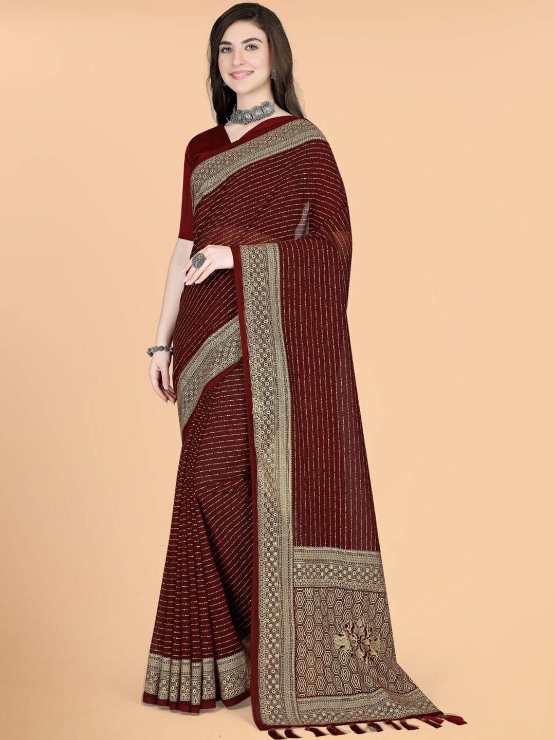 

ZEEPKART Embellished Zari Saree, Brown