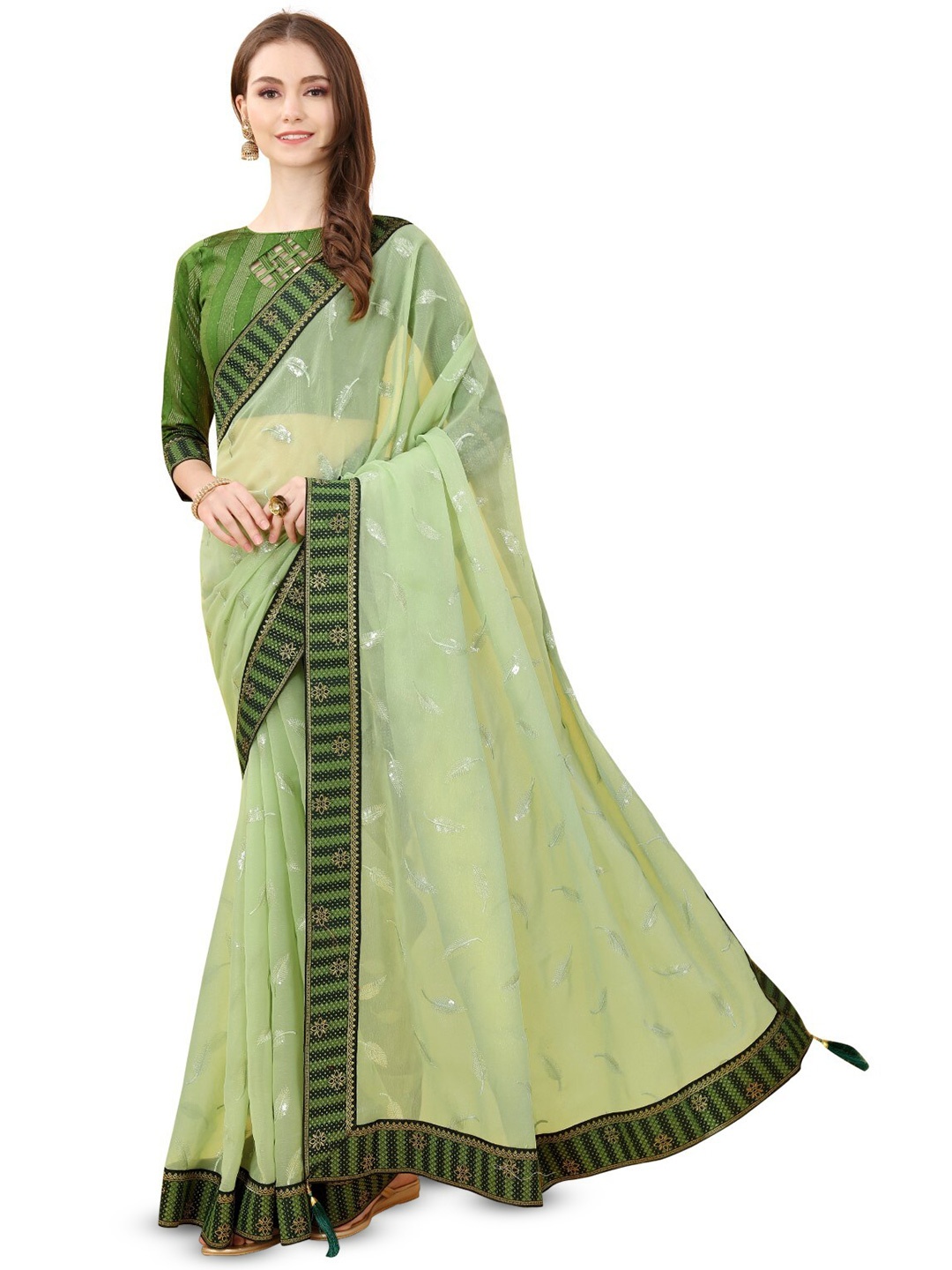 

ZEEPKART Embellished Woven Design Zari Saree, Green