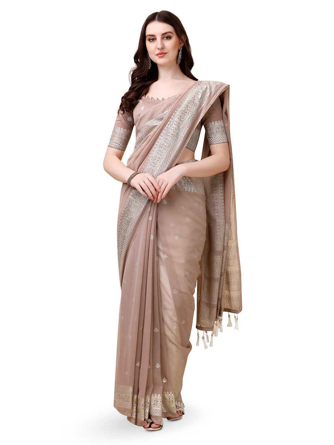 

ZEEPKART Woven Design Zari Saree, Brown