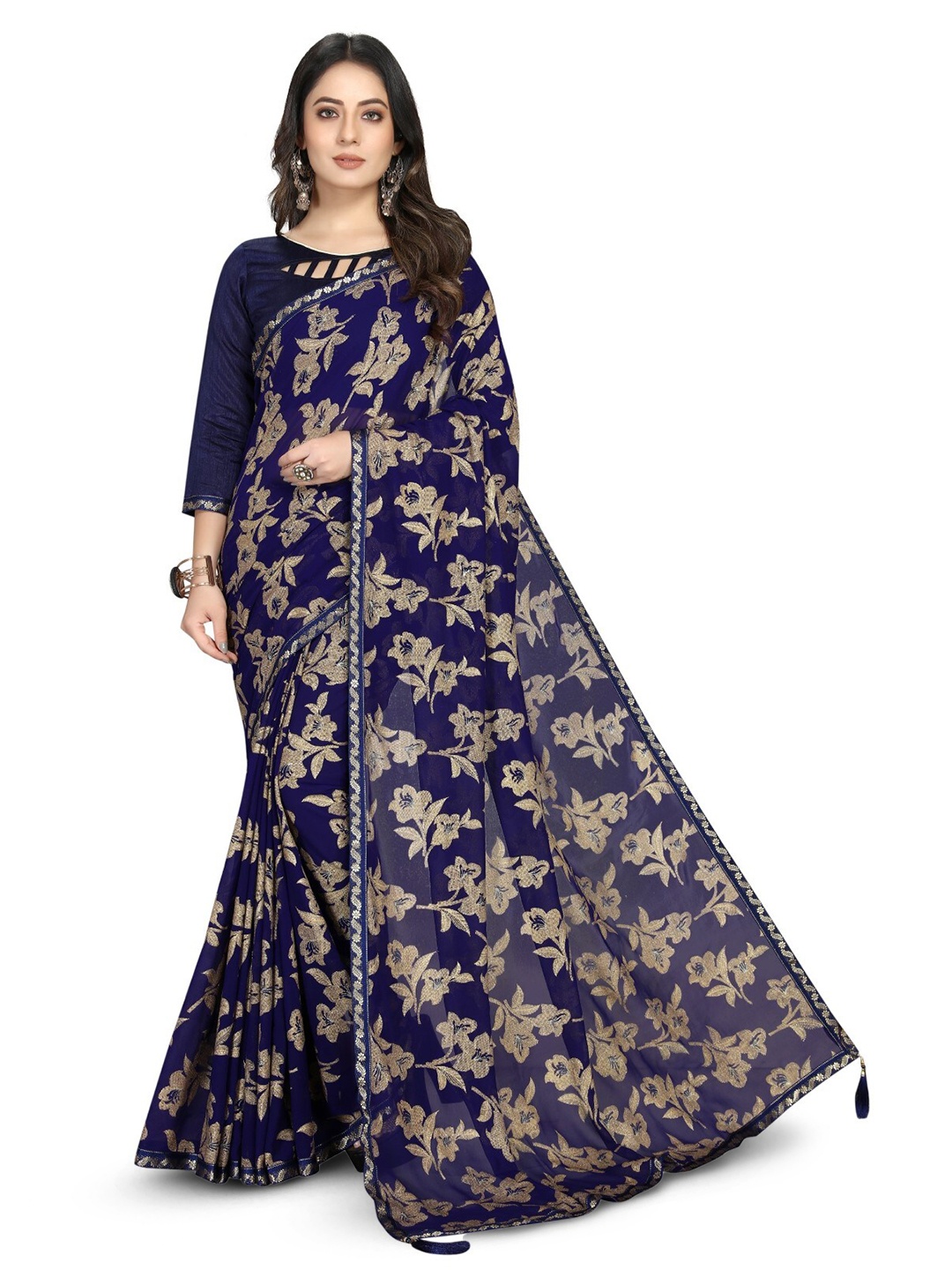 

ZEEPKART Floral Printed Woven Design Saree, Blue