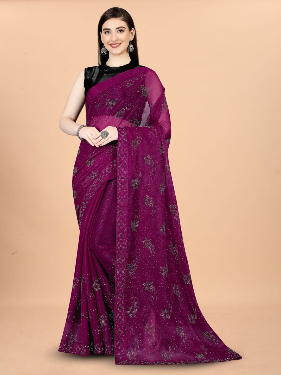 

ZEEPKART Embellished Beads and Stones Saree, Mauve