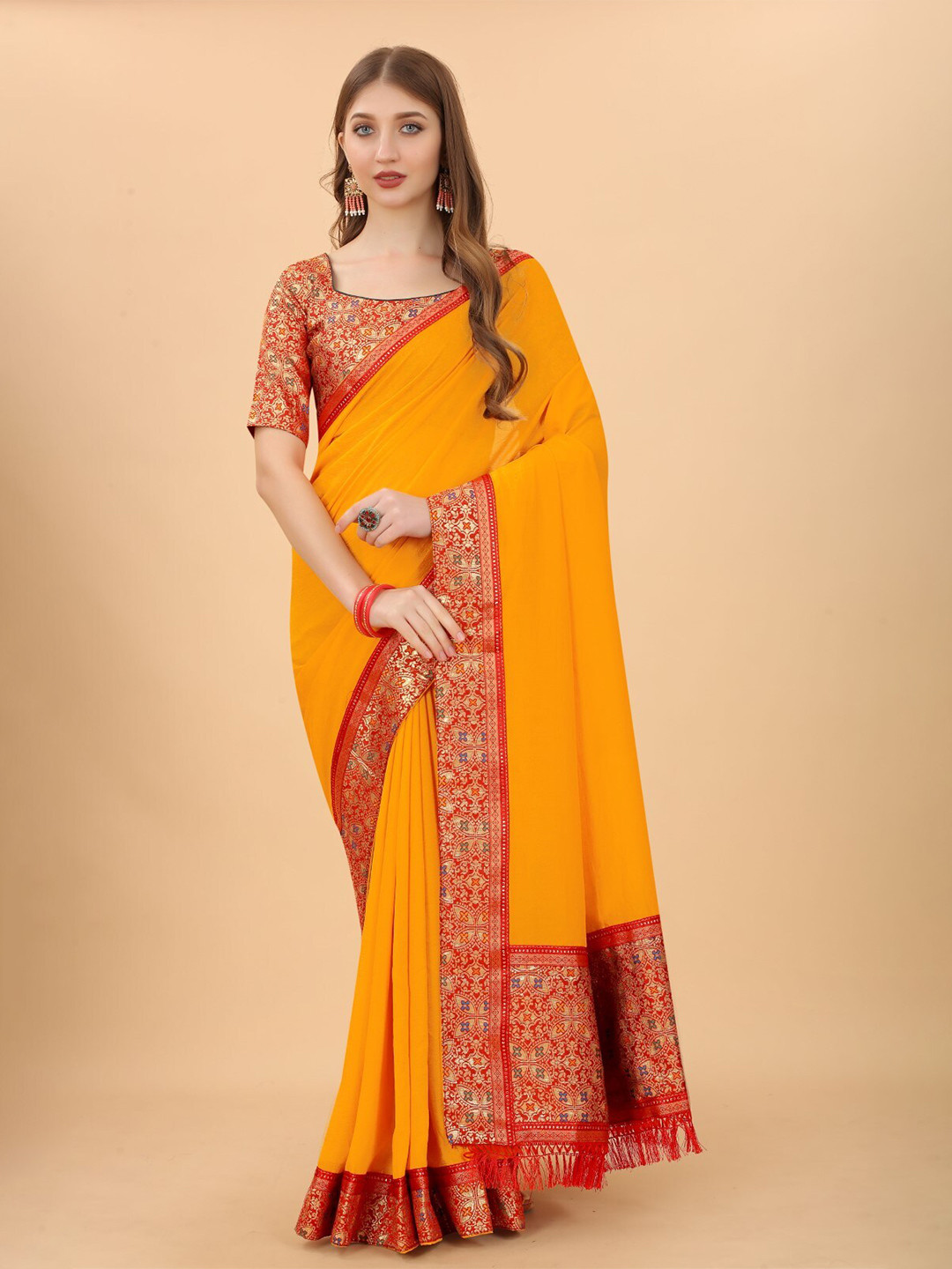 

ZEEPKART Woven Design Zari Saree, Orange