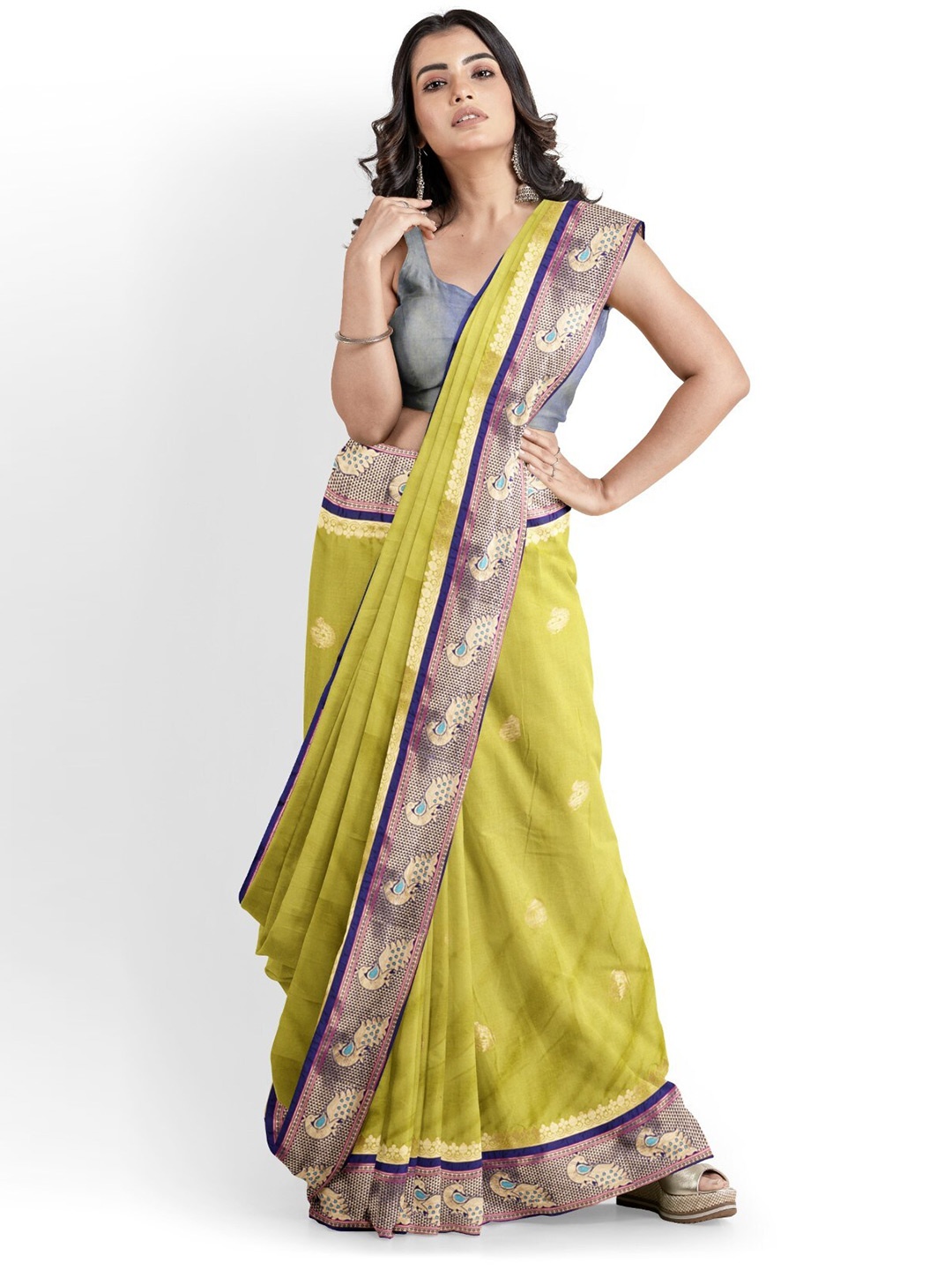 

ZEEPKART Ethnic Motifs Woven Design Zari Silk Cotton Saree, Green