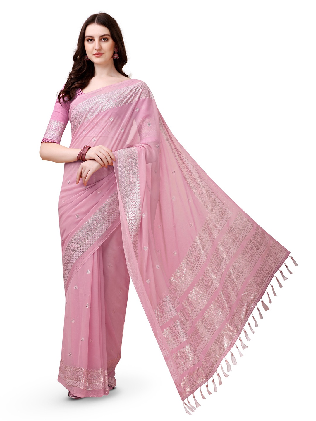 

ZEEPKART Woven Design Zari Saree, Pink