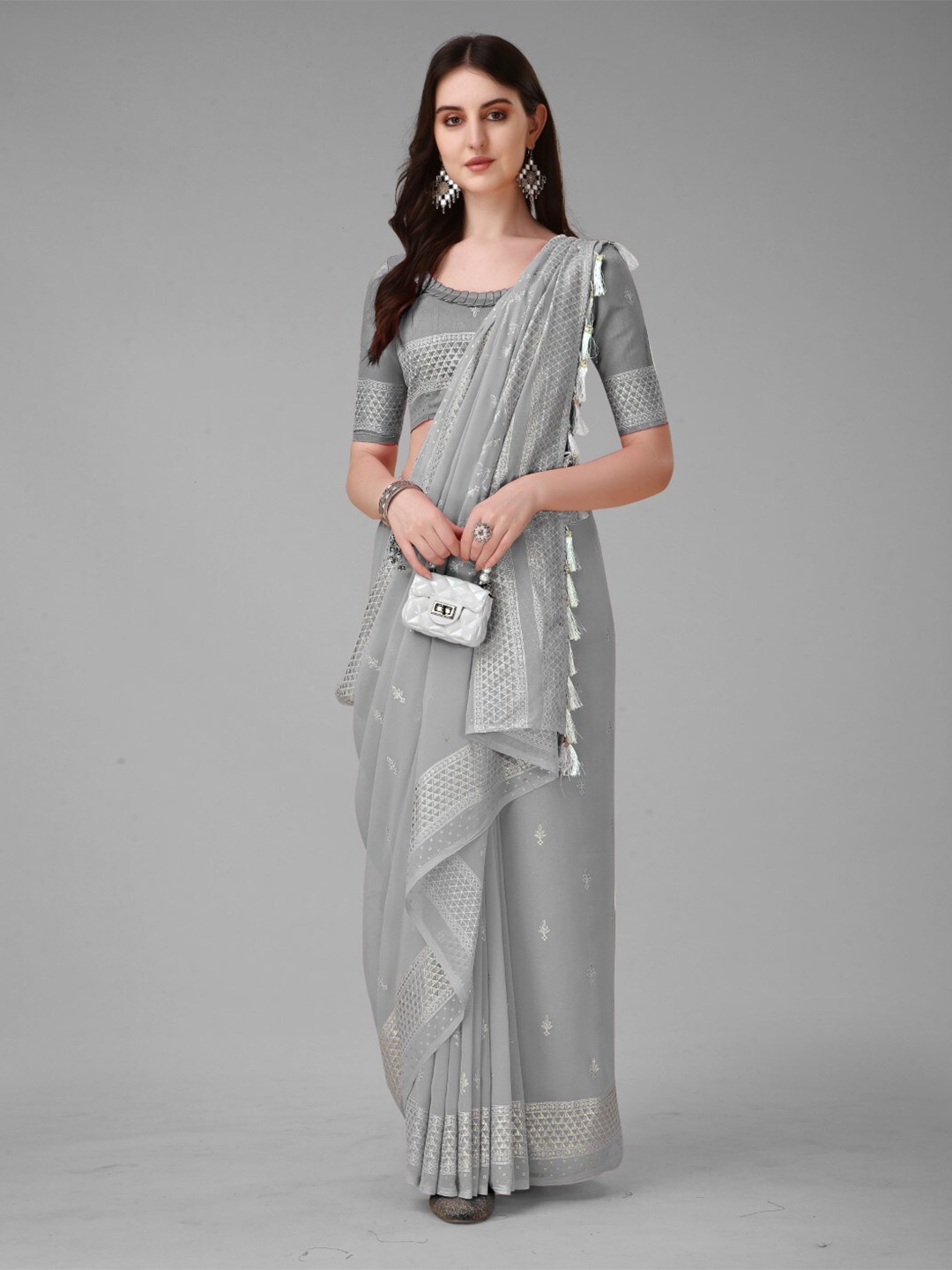 

ZEEPKART Woven Design Zari Saree, Grey