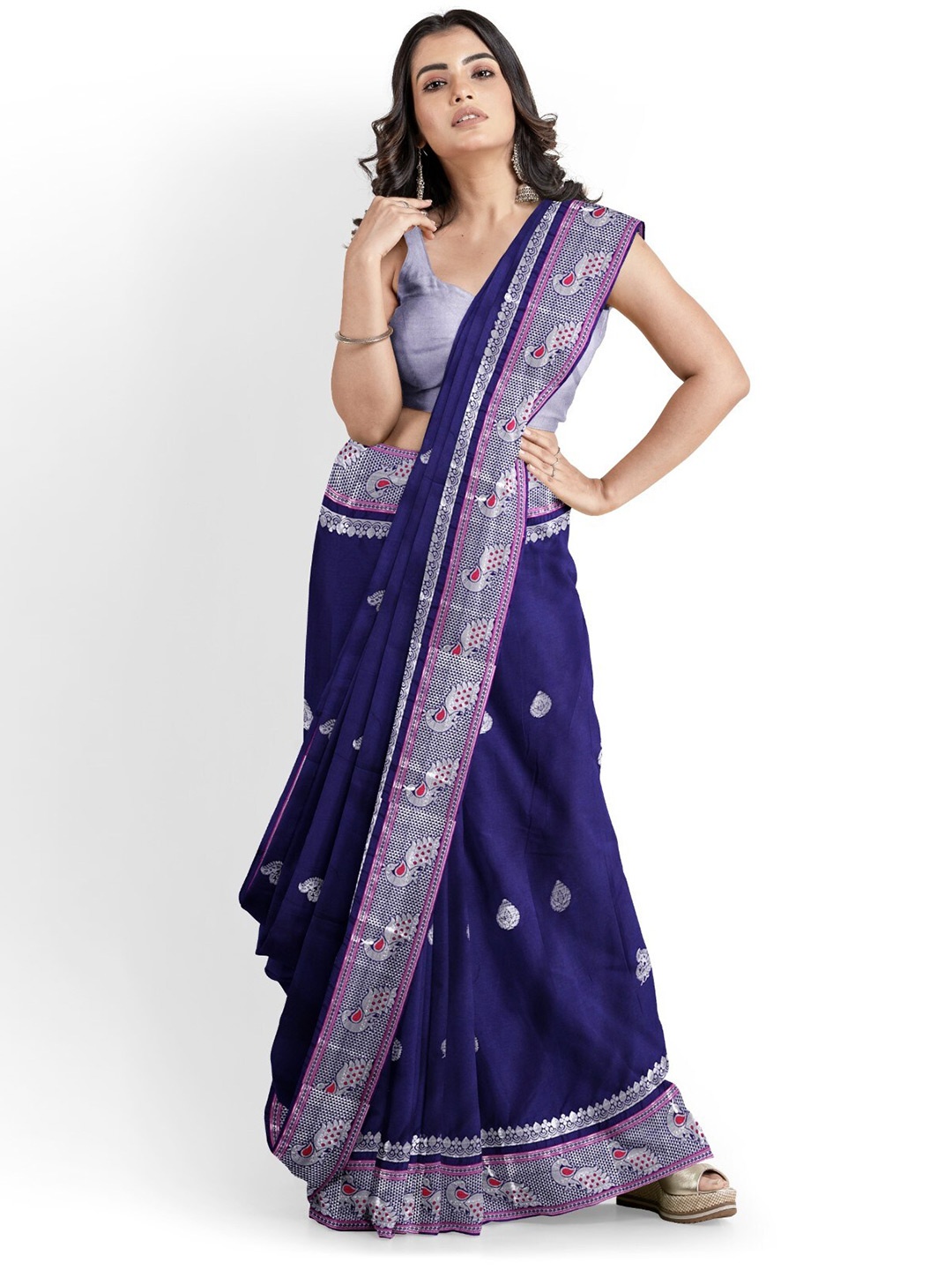 

ZEEPKART Ethnic Motifs Woven Design Zari Silk Cotton Saree, Blue