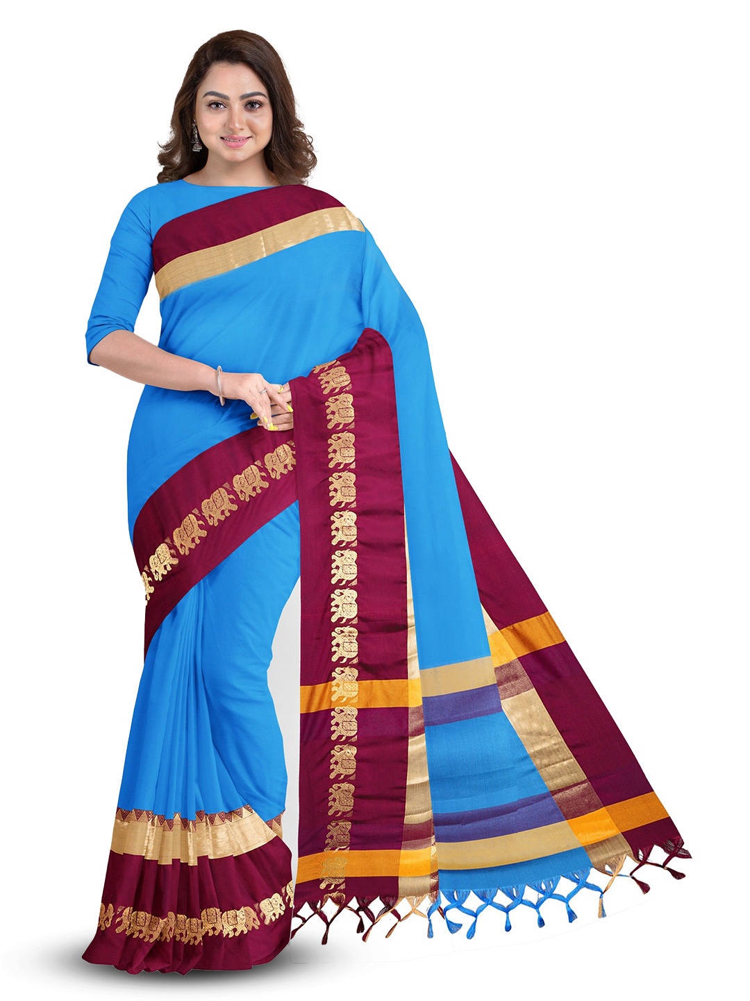 

ZEEPKART Woven Design Ethnic Motifs Silk Cotton Saree, Blue