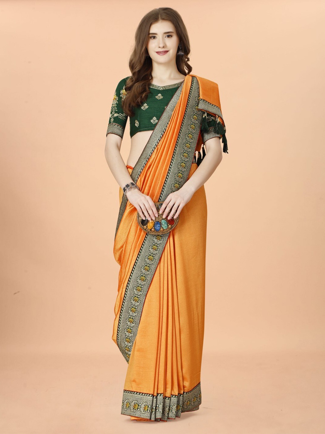 

ZEEPKART Woven Design Zari Saree, Orange