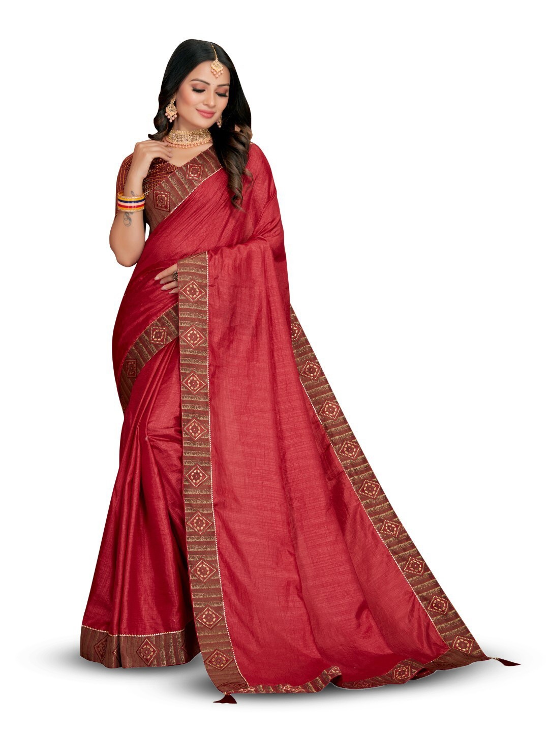 

ZEEPKART Woven Design Border Saree, Red
