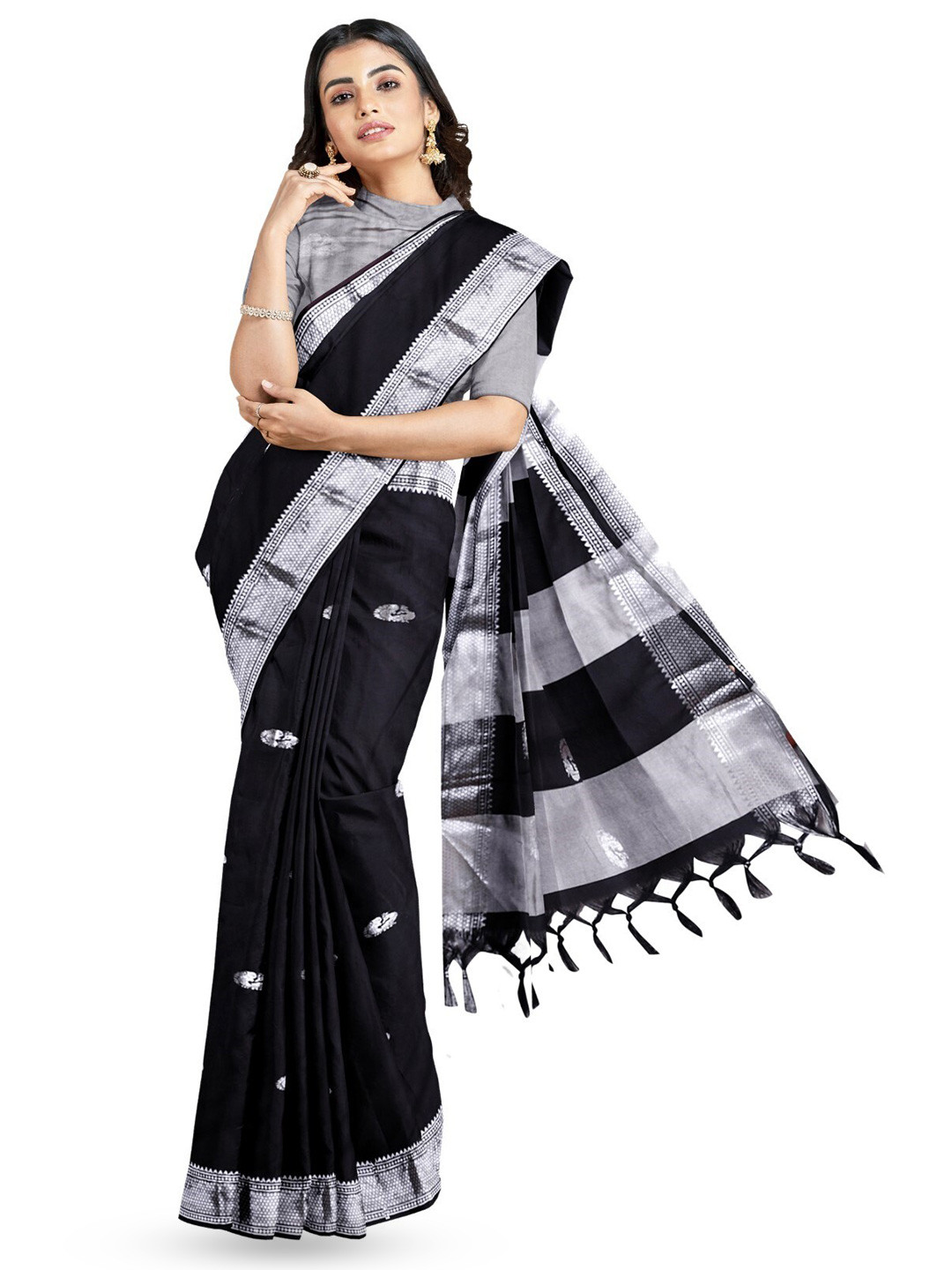 

ZEEPKART Ethnic Motifs Woven Design Zari Silk Cotton Saree, Black