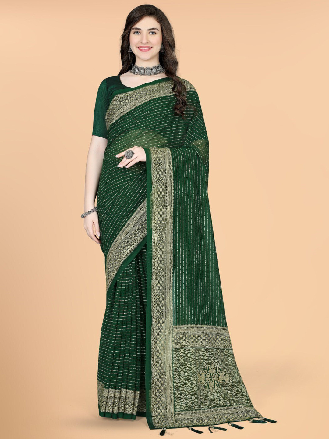 

ZEEPKART Striped Printed Woven Design Saree, Green