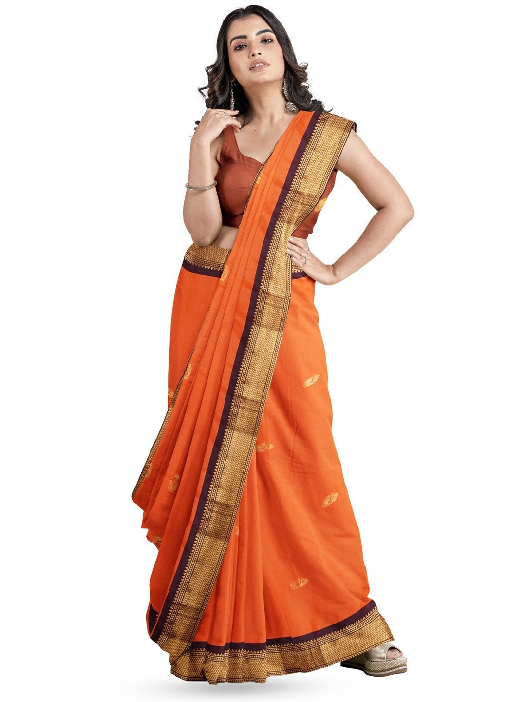 

ZEEPKART Ethnic Motifs Woven Design Silk Cotton Zari Saree, Orange