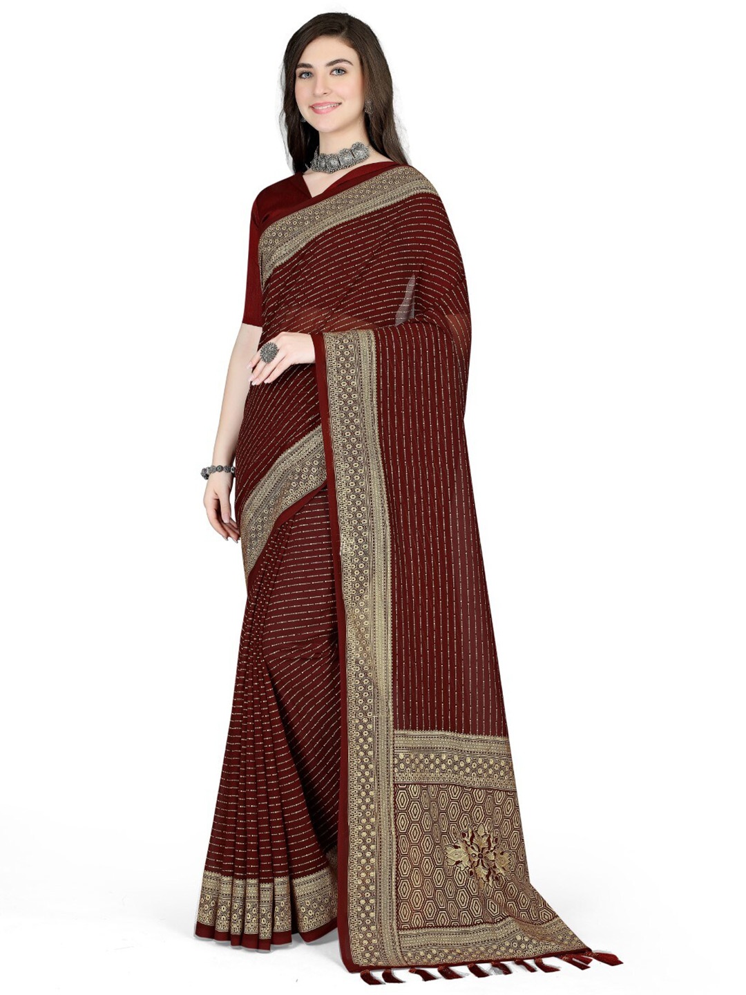 

ZEEPKART Striped Printed Woven Design Zari Saree, Brown