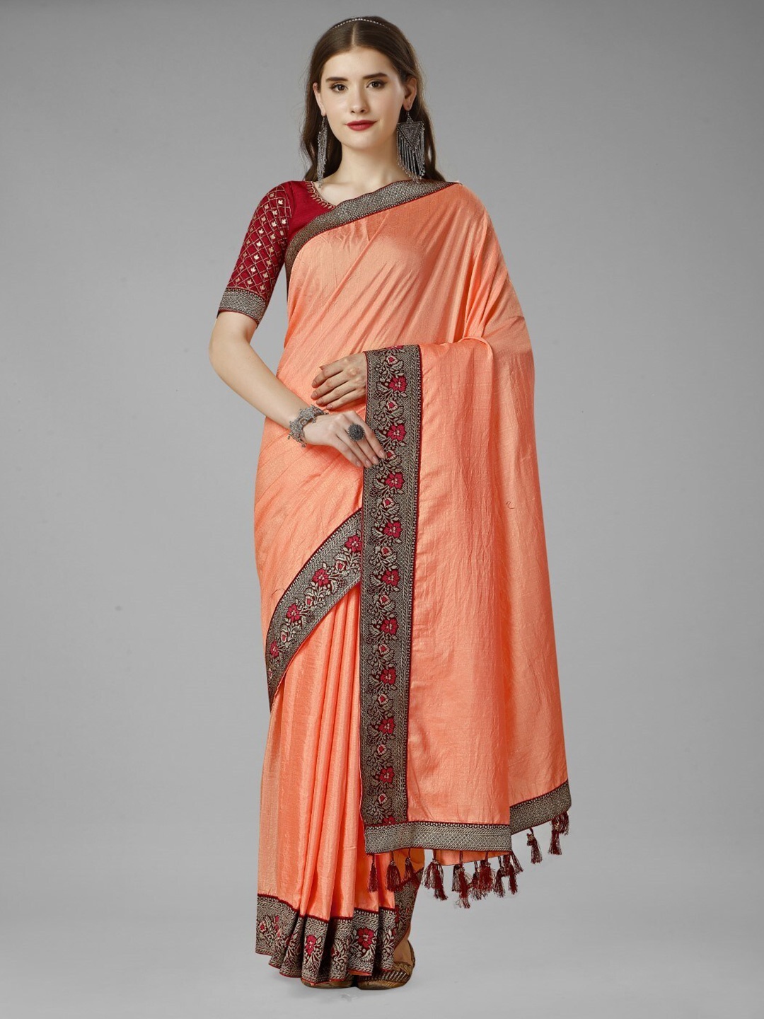 

ZEEPKART Woven Design Floral Zari Saree, Peach