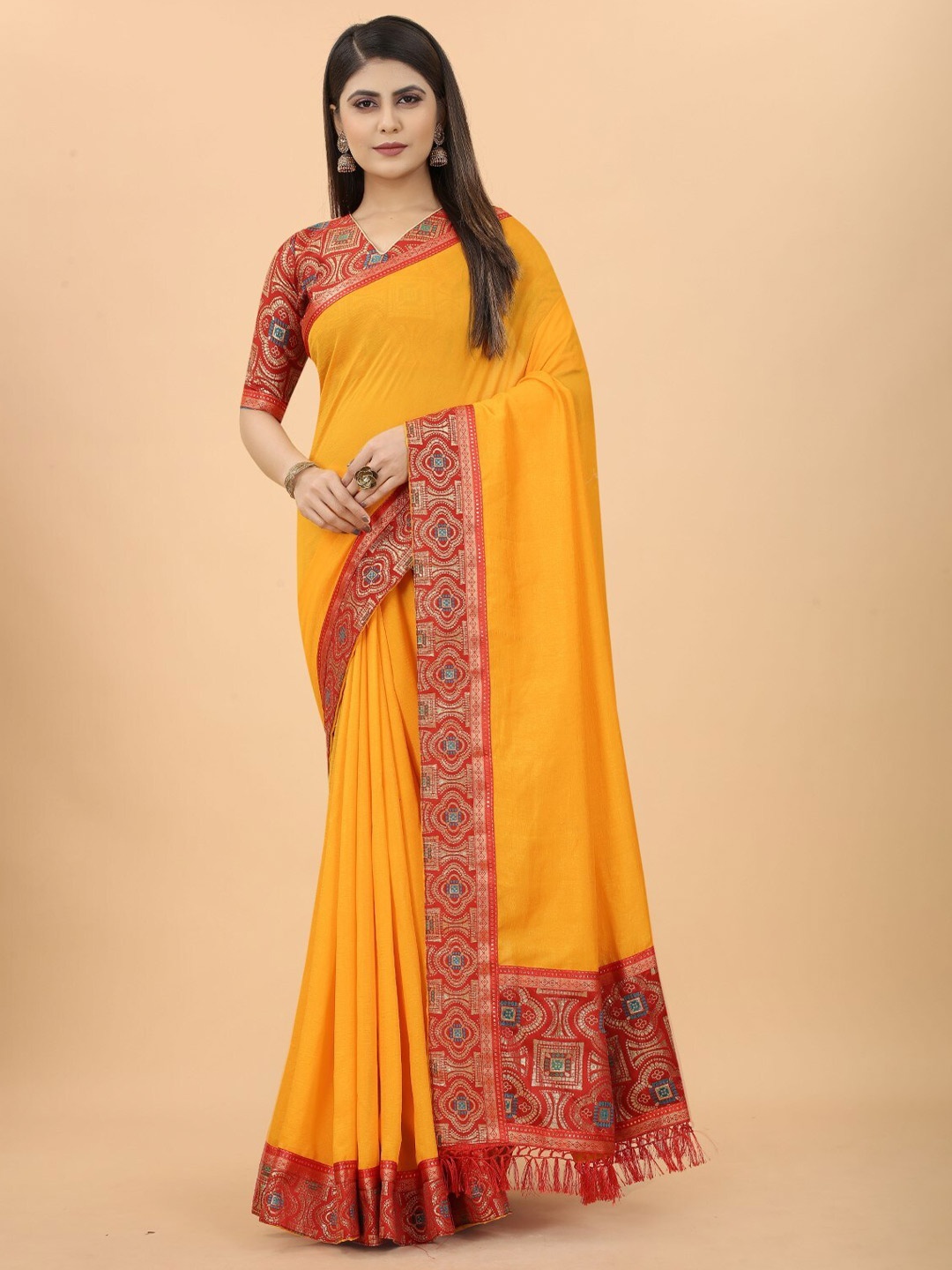 

ZEEPKART Woven Design Zari Border Saree, Yellow