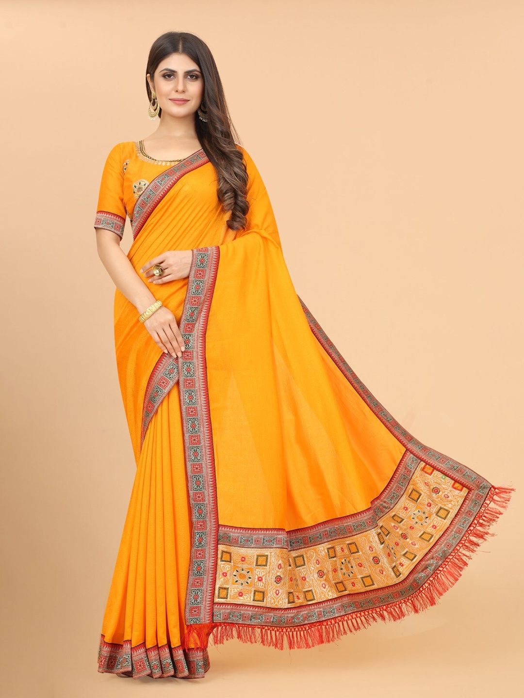 

ZEEPKART Woven Design Zari Saree, Orange