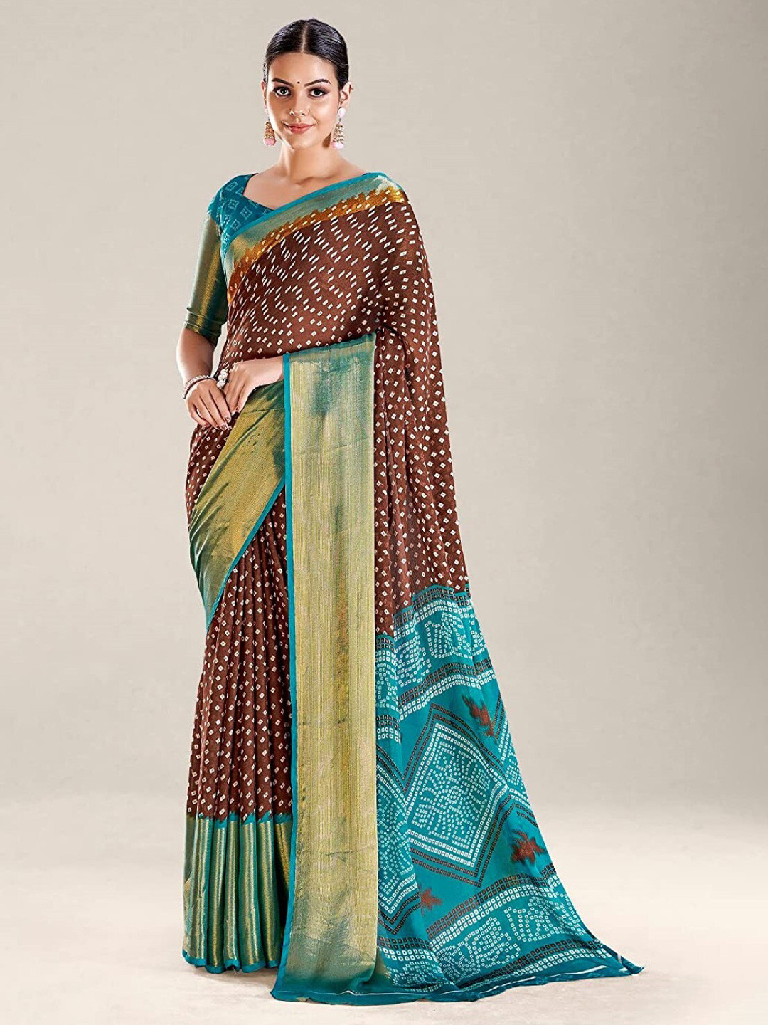 

ZEEPKART Geometric Printed Zari Saree, Brown