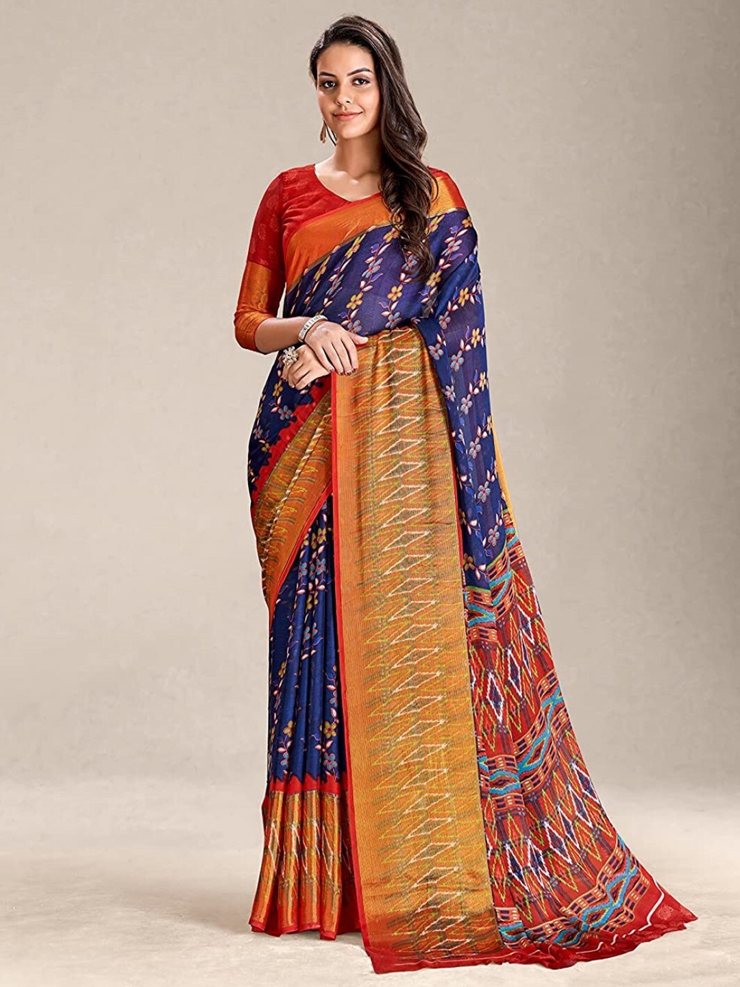 

ZEEPKART Floral Printed Woven Design Saree, Navy blue