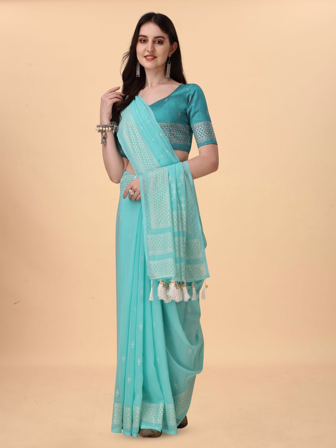 

ZEEPKART Woven Design Geometric Saree, Blue
