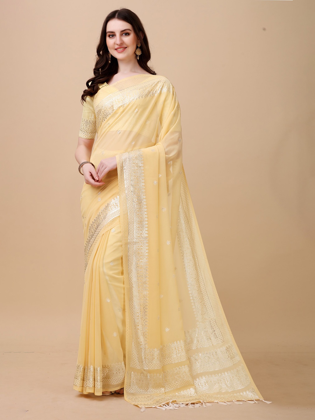 

ZEEPKART Woven Design Floral Saree, Yellow