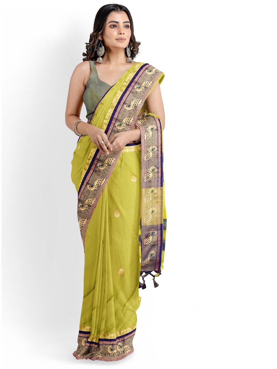 

ZEEPKART Woven Design Silk Cotton Zari Saree, Yellow