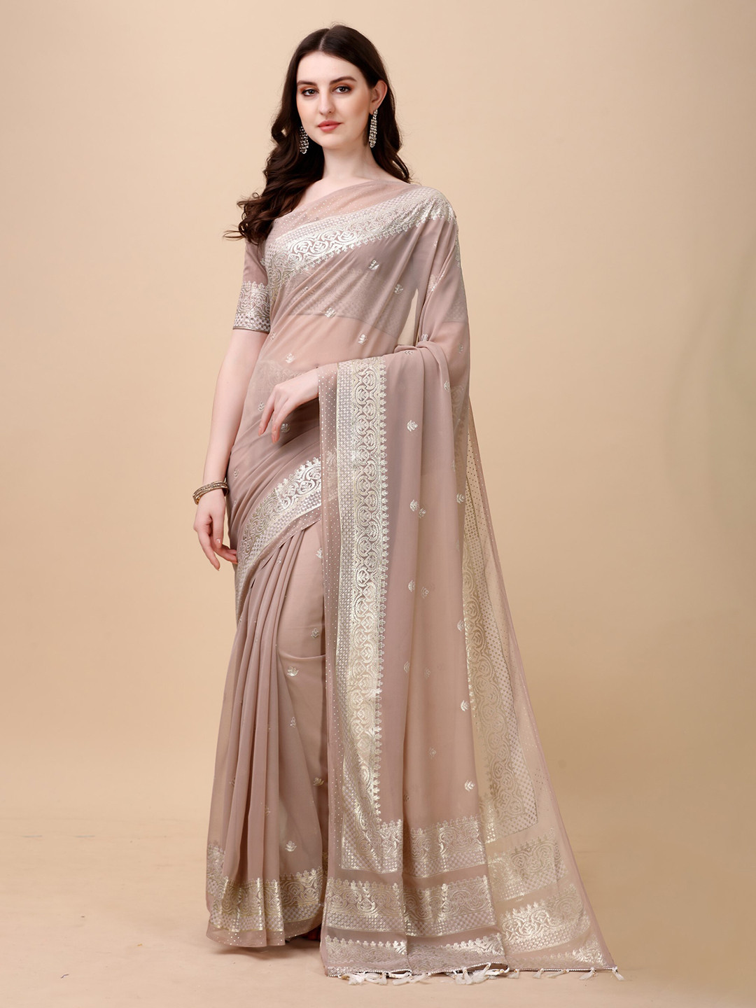 

ZEEPKART Ethnic Motifs Woven Design Zari Saree, Brown