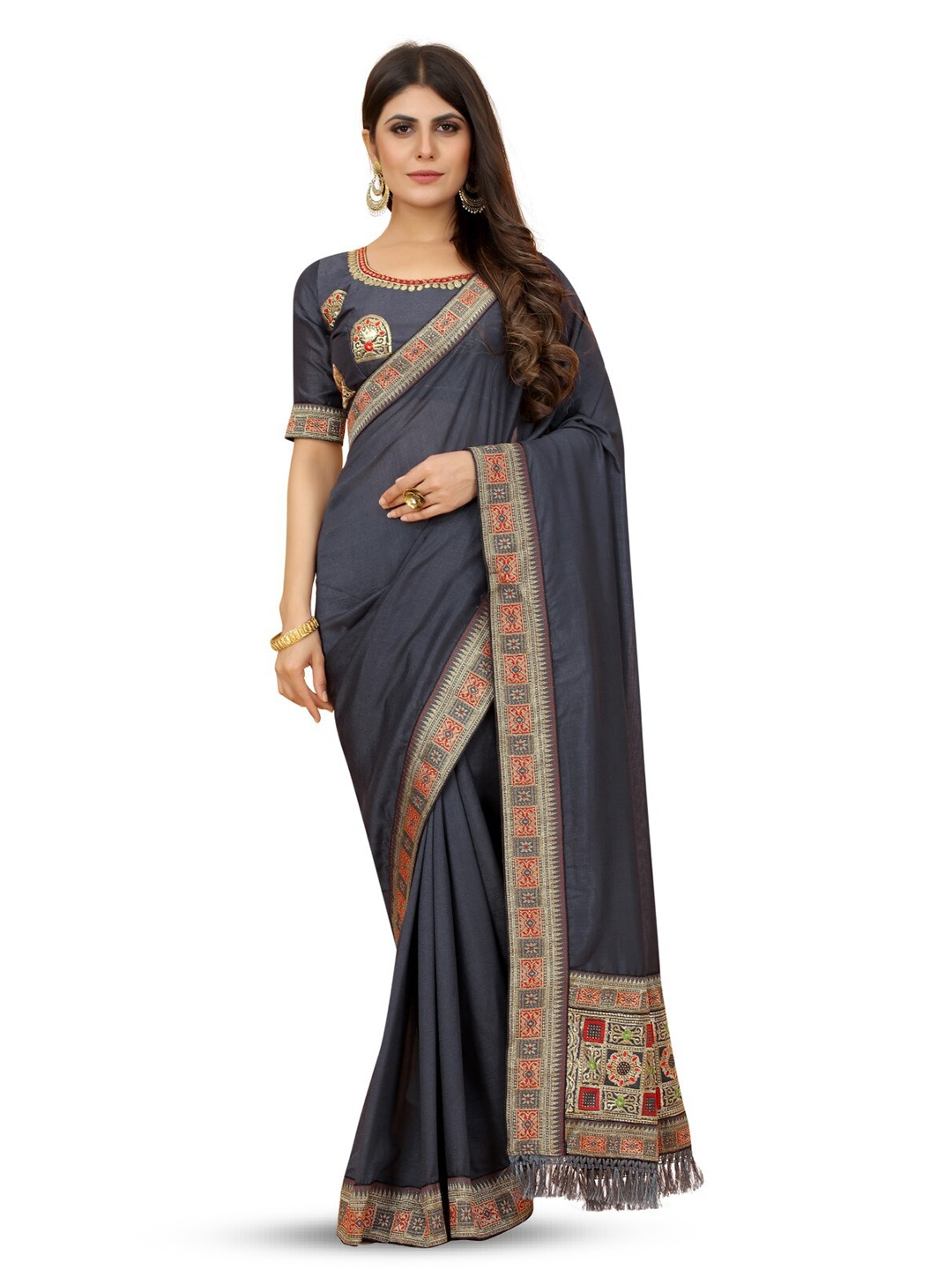 

ZEEPKART Woven Design Zari Saree, Grey