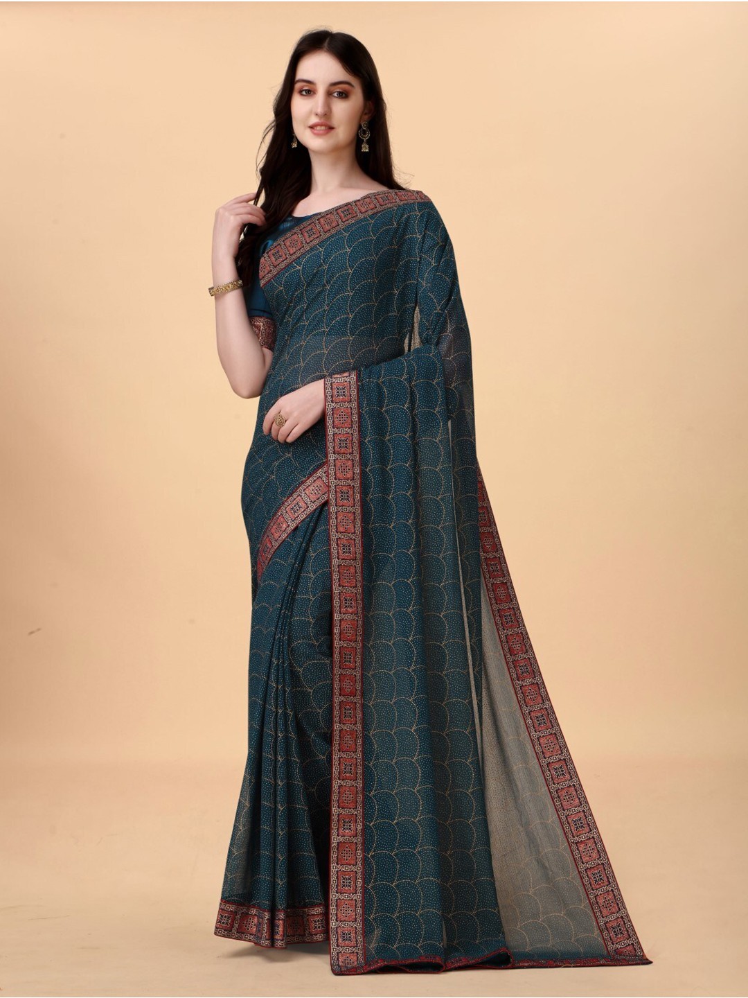 

ZEEPKART Geometric Printed Woven Design Saree, Navy blue