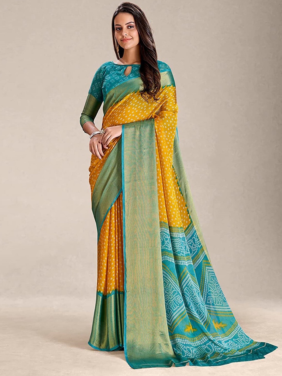 

ZEEPKART Bandhani Printed Zari saree, Yellow