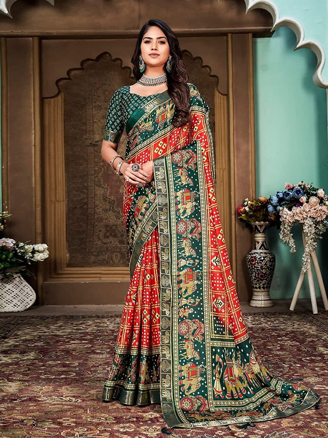 

ZEEPKART Ethnic Motifs Printed Woven Design Saree, Red