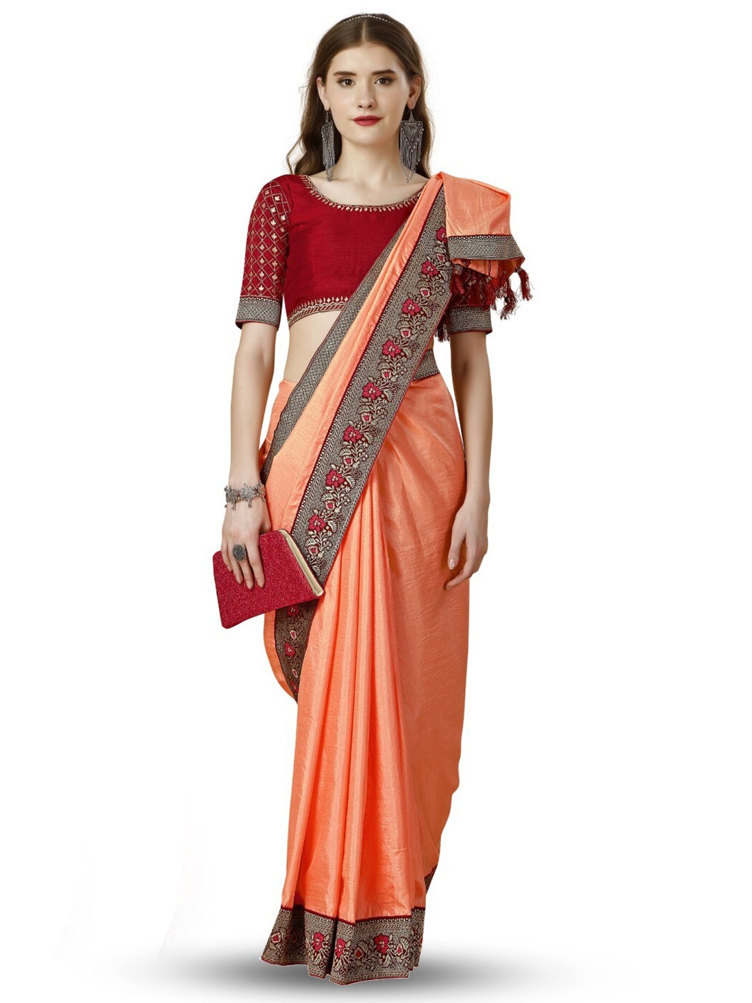 

ZEEPKART Woven Design Border Saree, Peach