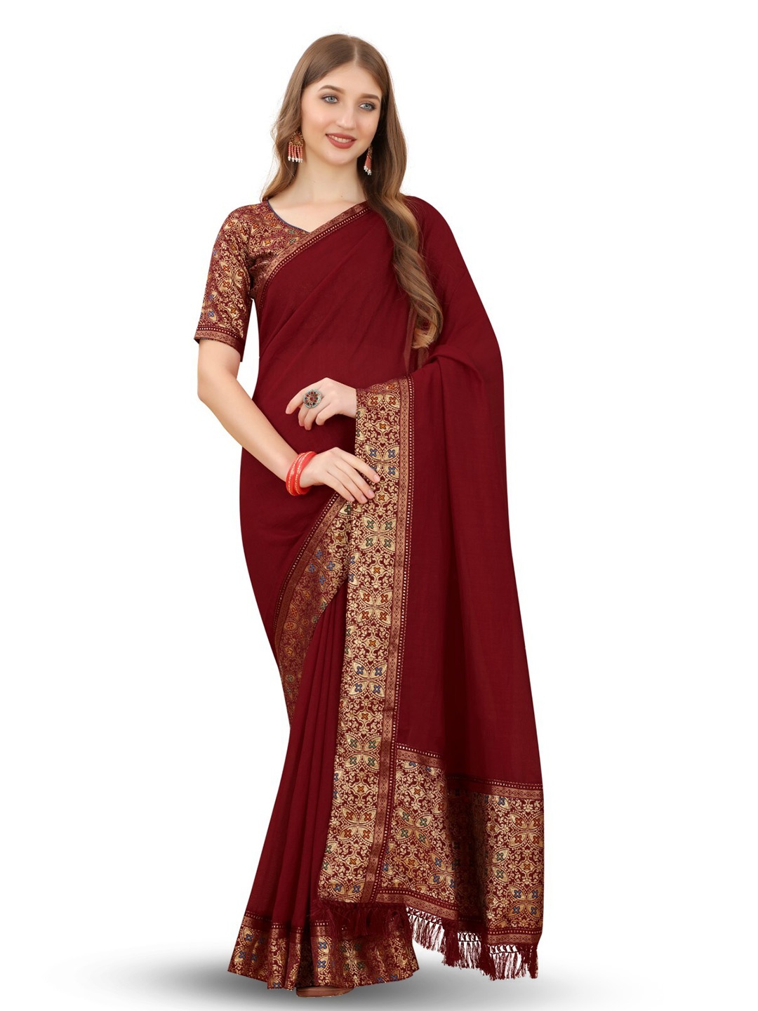 

ZEEPKART Woven Design Ethnic Motifs Silk Blend Saree, Maroon