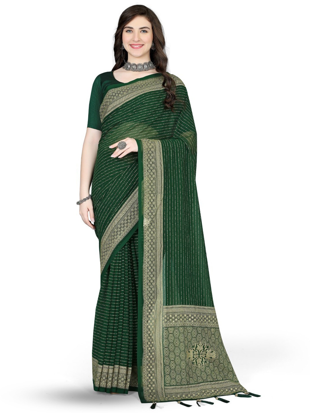 

ZEEPKART Striped Woven Design Saree, Green