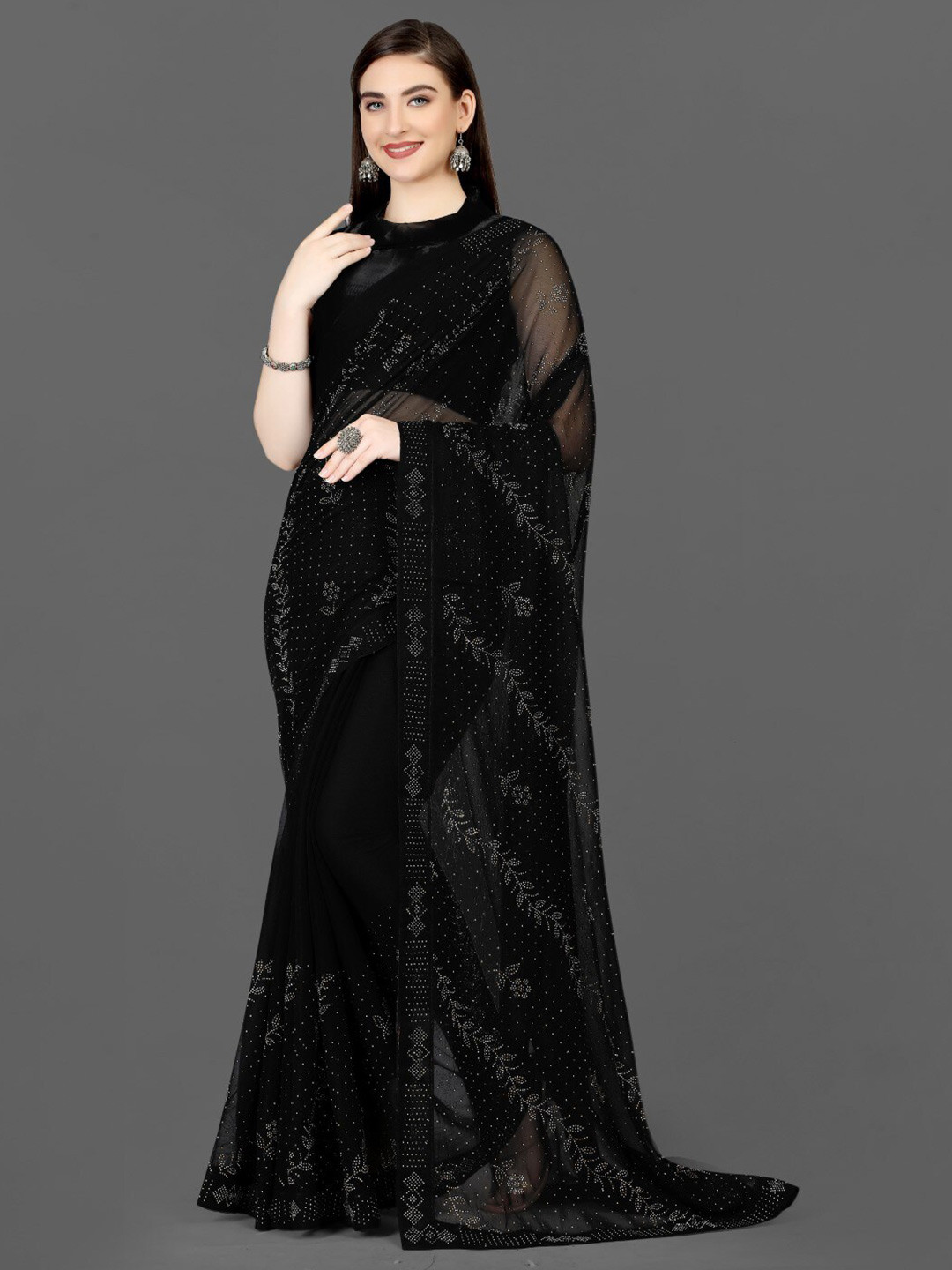 

ZEEPKART Floral Beads and Stones Embellished Saree, Black