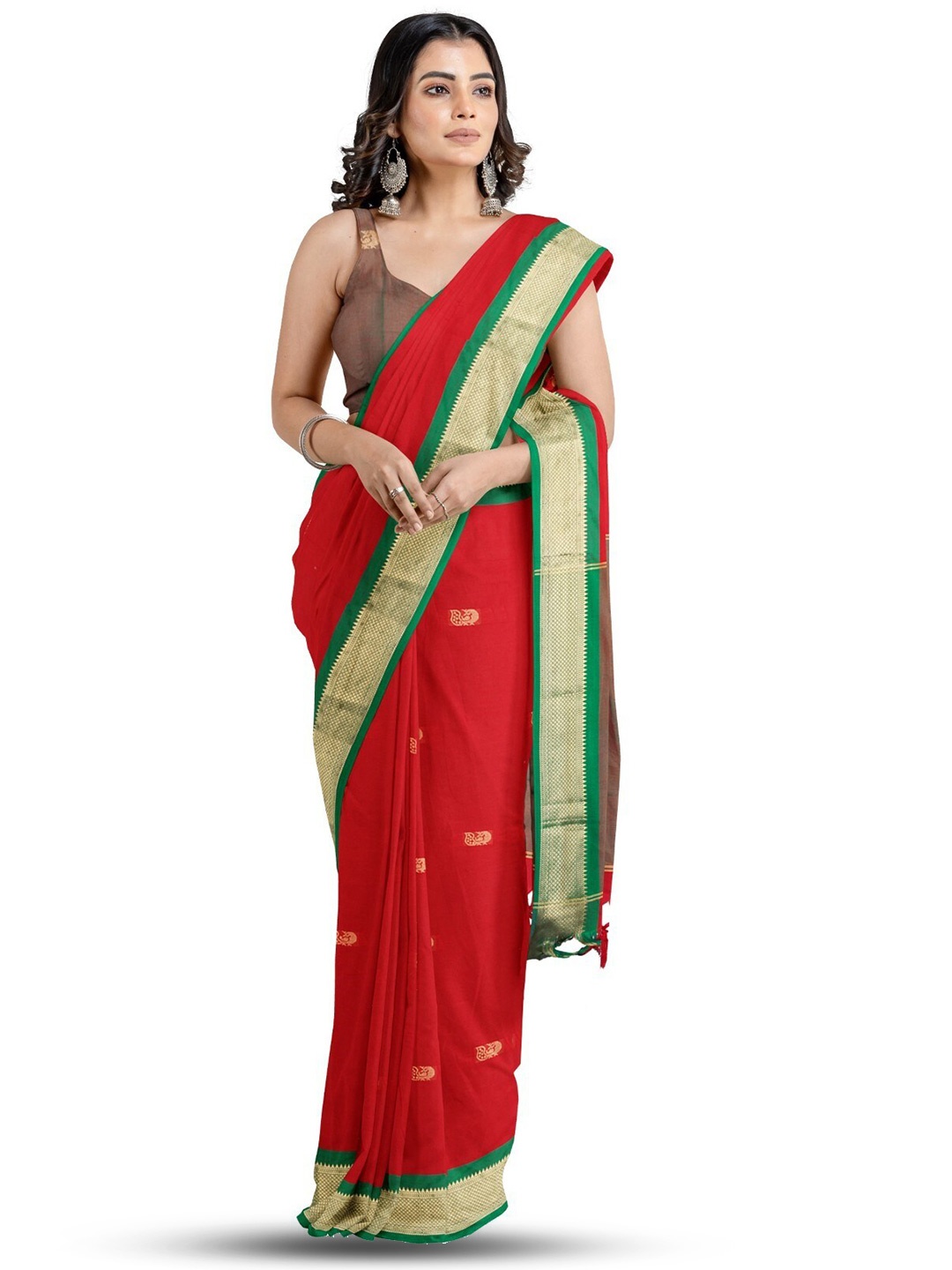 

ZEEPKART Ethnic Motifs Woven Design Zari Silk Cotton Saree, Green