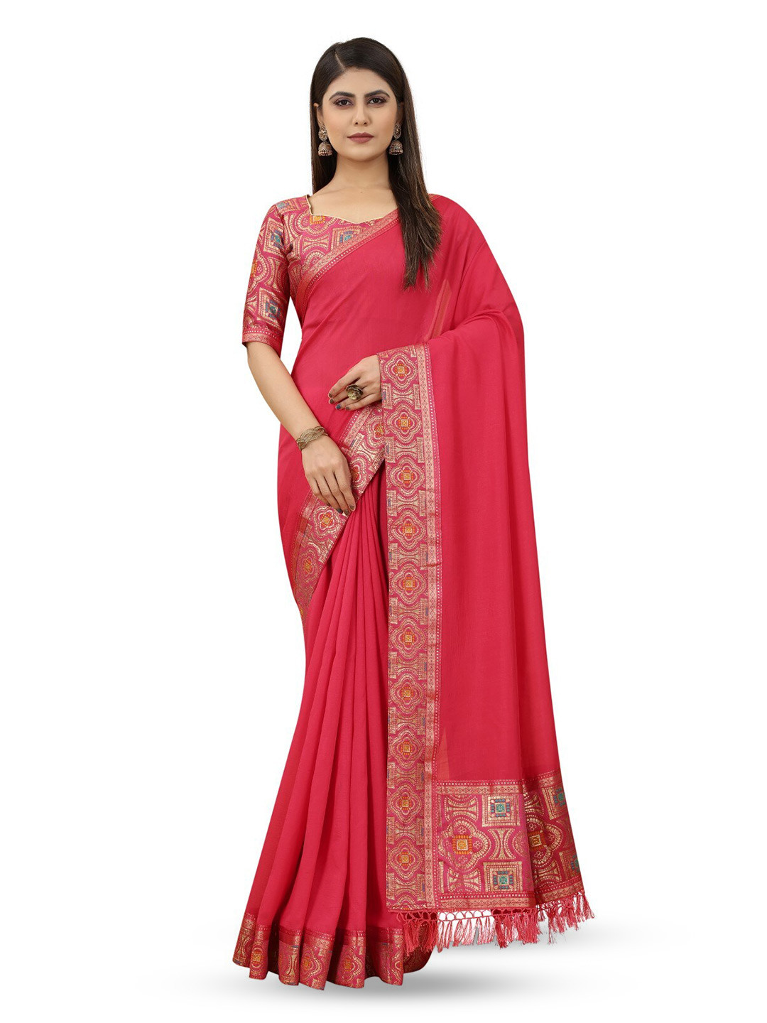 

ZEEPKART Ethnic Motifs Woven Design Saree, Pink