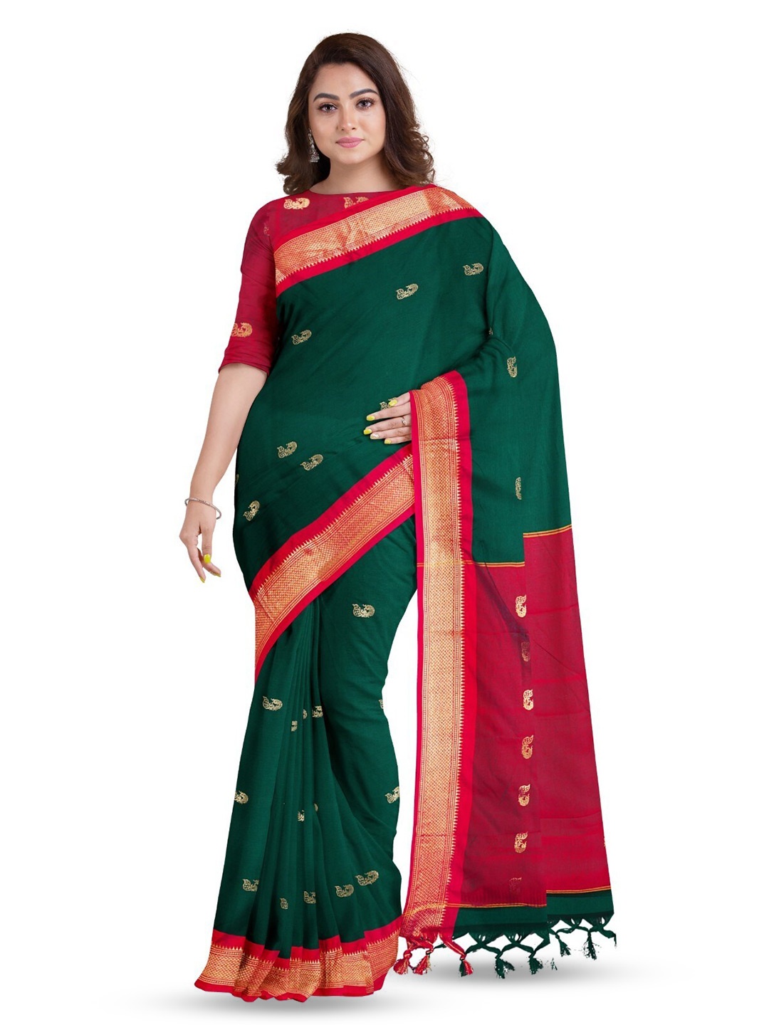 

ZEEPKART Ethnic Motifs Woven Design Silk Cotton Zari Saree, Red