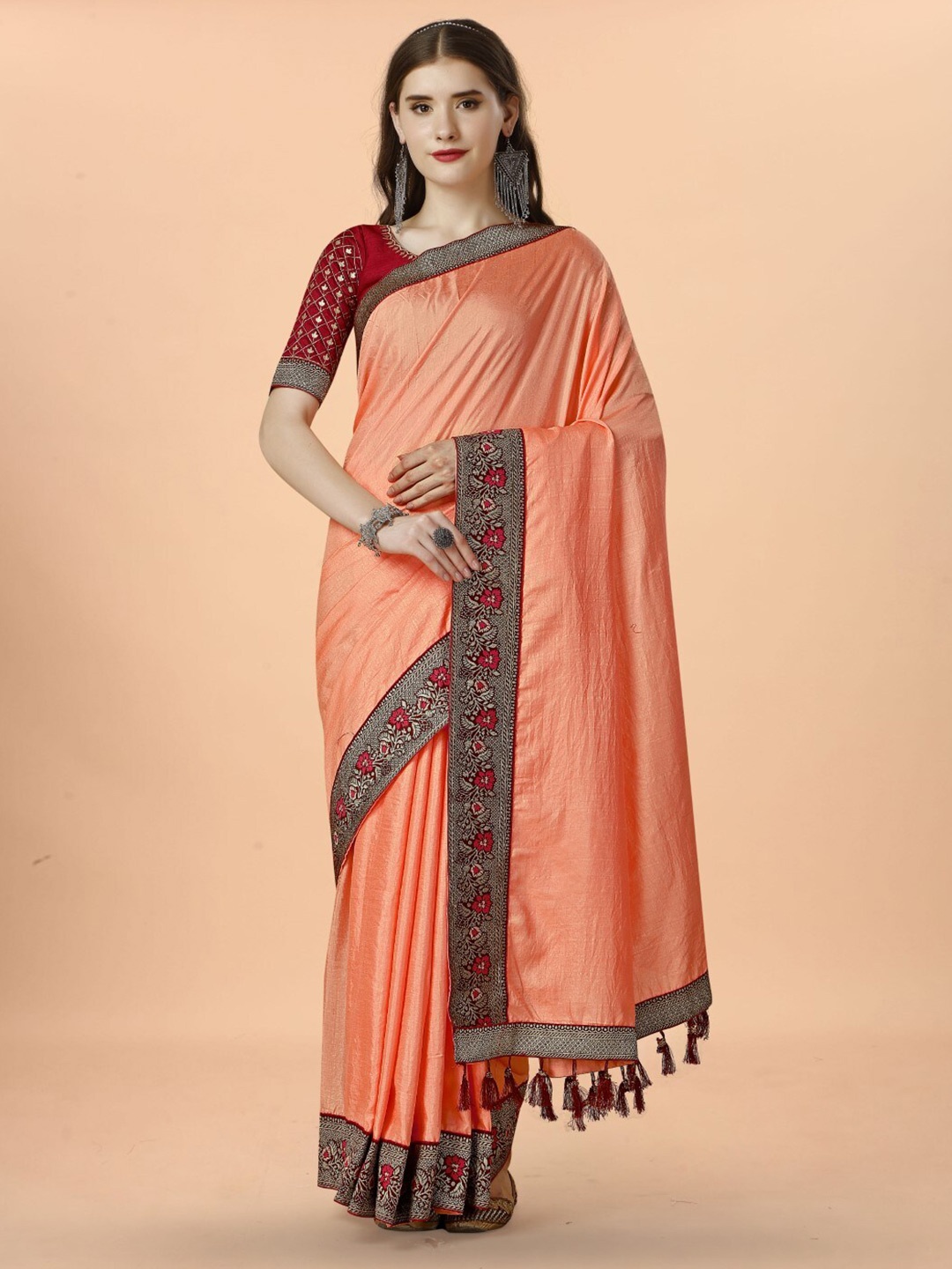 

ZEEPKART Woven Design Zari Saree, Peach