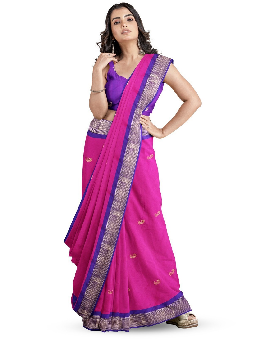 

ZEEPKART Ethnic Motifs Woven Design Zari Silk Cotton Saree, Pink