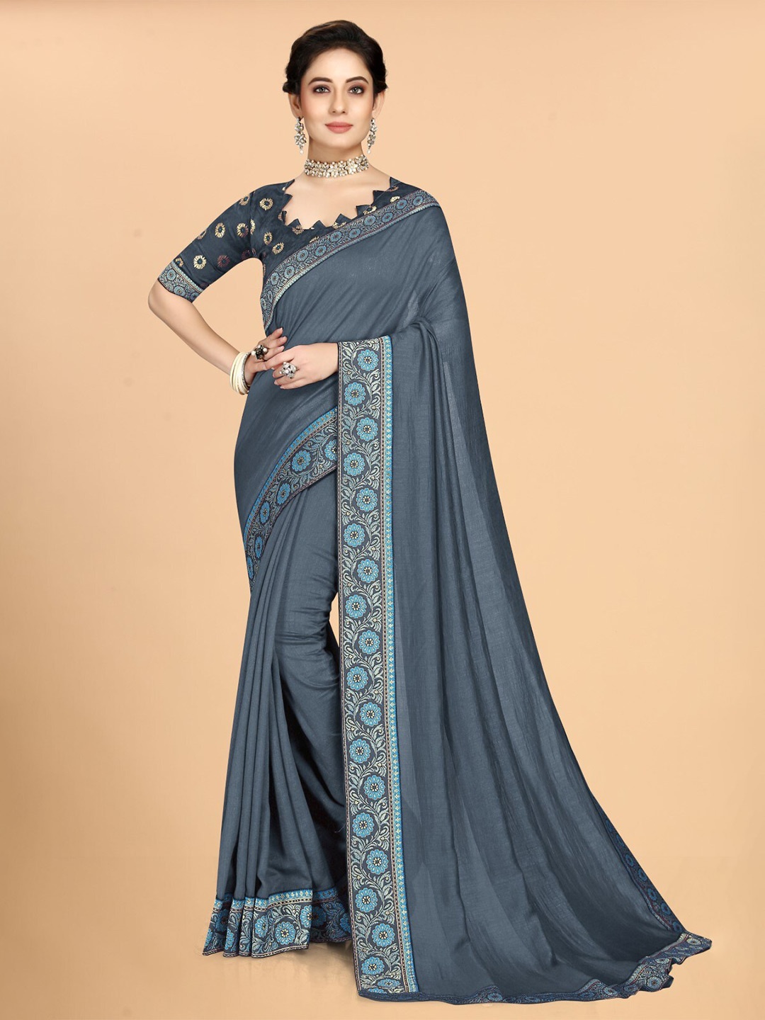 

ZEEPKART Floral Printed Woven Design Saree, Grey
