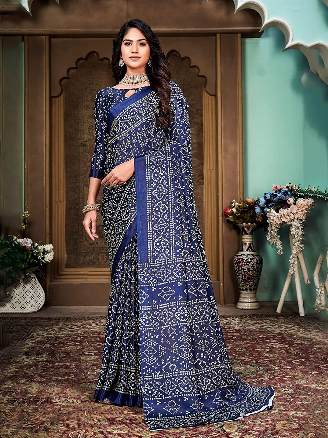 

ZEEPKART Bandhani Printed Woven Design Saree, Navy blue