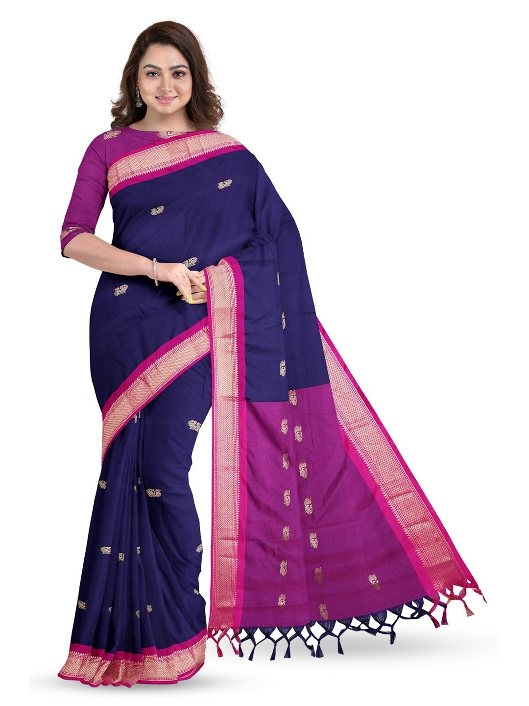 

ZEEPKART Ethnic Motifs Woven Design Zari Silk Cotton Saree, Pink