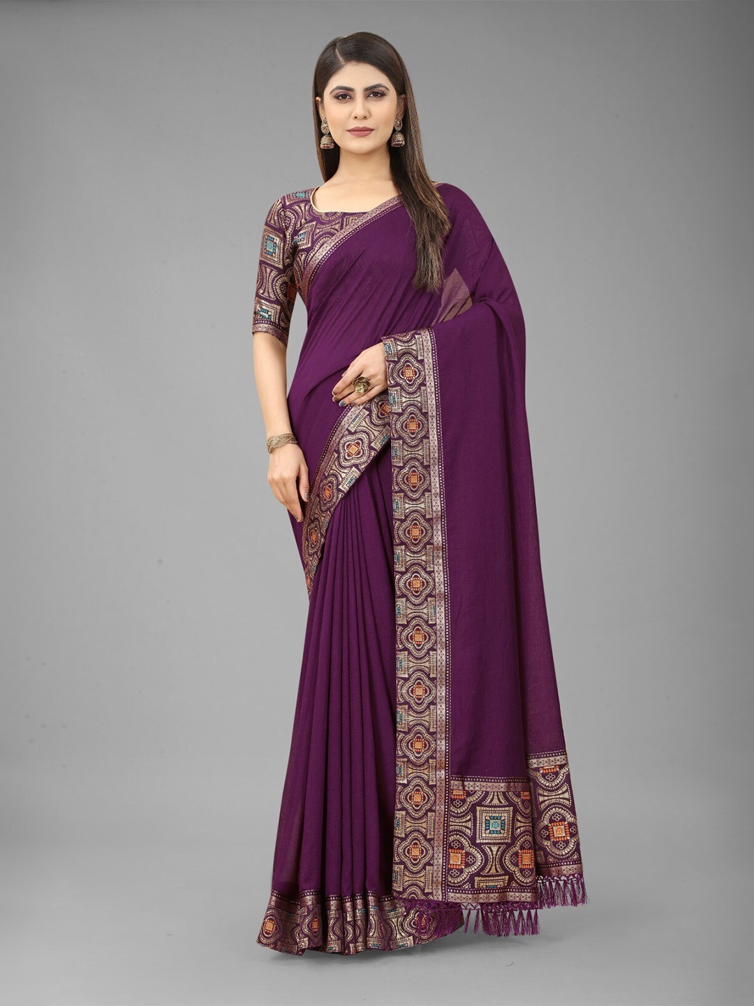 

ZEEPKART Woven Design Border Silk Saree, Purple