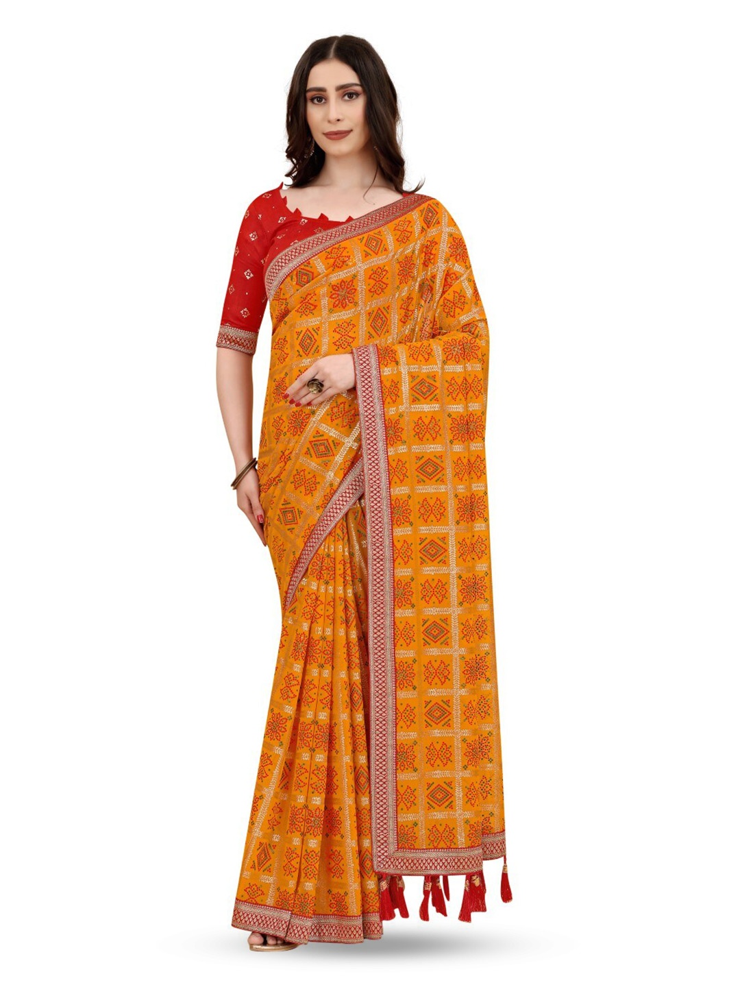 

ZEEPKART Woven Design Bandhani Saree, Mustard