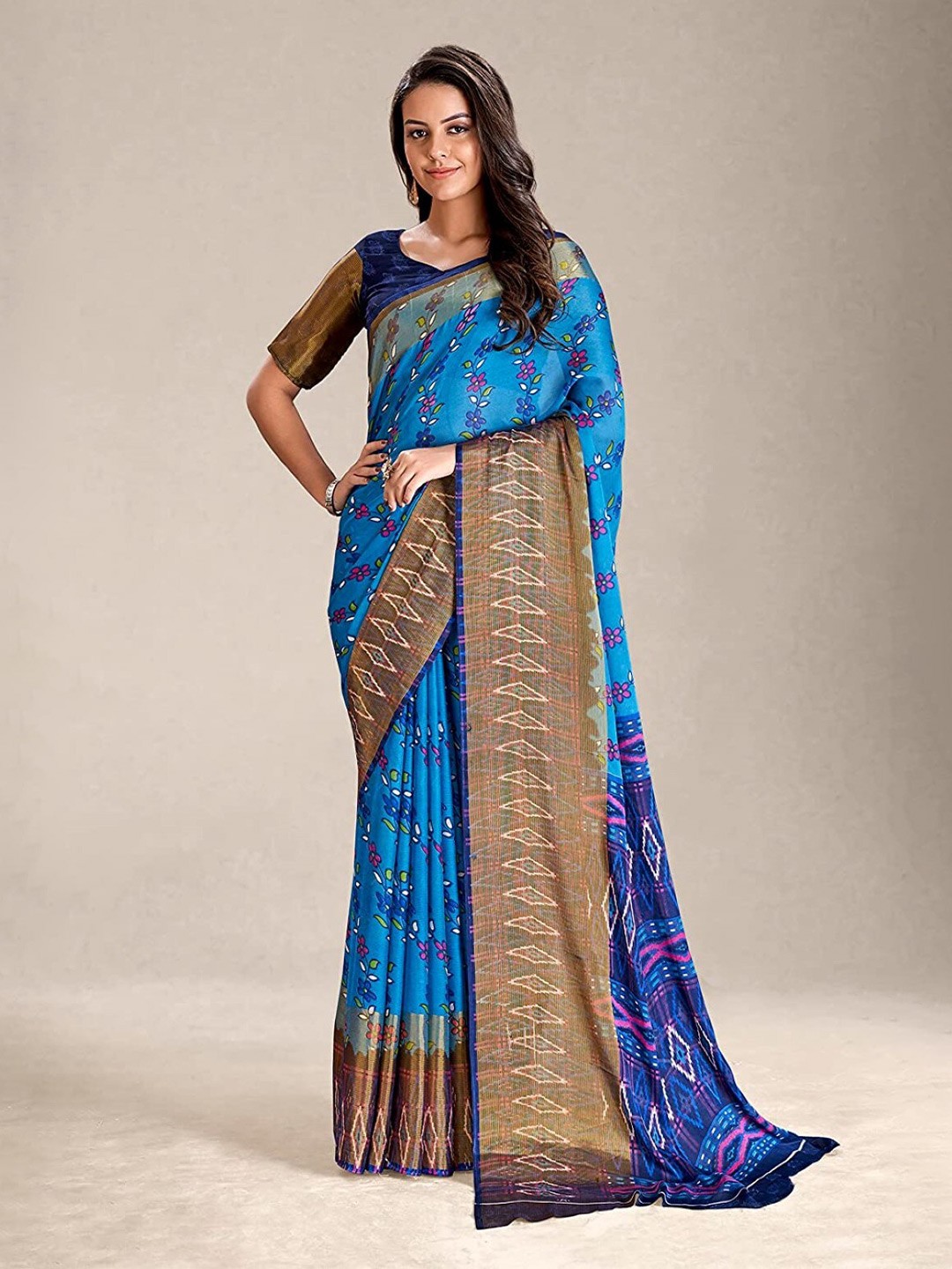 

ZEEPKART Woven Design Floral Saree, Blue