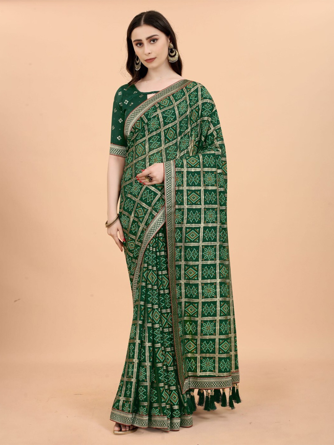 

ZEEPKART Bandhani Printed Woven Design Saree, Green