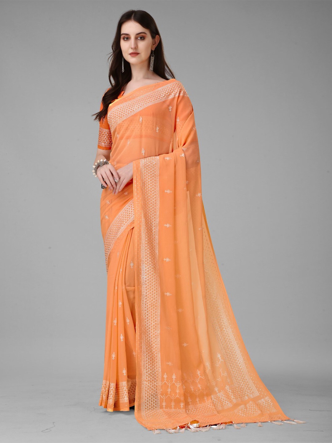 

ZEEPKART Woven Design Georgette Saree, Orange