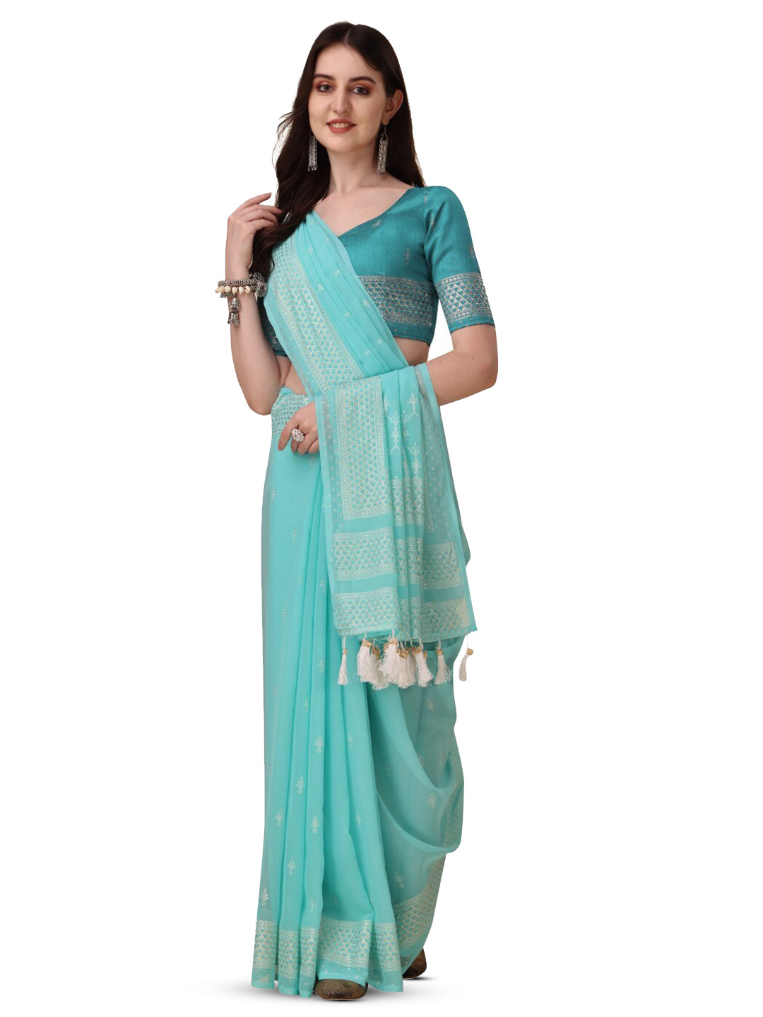

ZEEPKART Ethnic Motifs Woven Design Saree, Blue